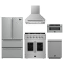 Forno 5-Piece Appliance Package - 30-Inch Galiano French Door Gas Range, Wall Mount Range Hood, 36-Inch Refrigerator, Dishwasher, and 30-Inch Microwave Drawer in Stainless Steel