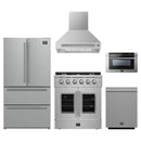 Forno 5-Piece Appliance Package - 30-Inch Galiano French Door Gas Range, Wall Mount Range Hood, 36-Inch Refrigerator, Dishwasher, and 24-Inch Microwave Drawer in Stainless Steel