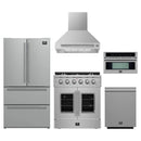 Forno 5-Piece Appliance Package - 30-Inch Galiano French Door Gas Range, Wall Mount Range Hood, 36-Inch Refrigerator, Dishwasher, and 30-Inch Microwave Oven in Stainless Steel