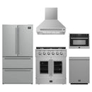 Forno 5-Piece Appliance Package - 30-Inch Galiano French Door Gas Range, Wall Mount Range Hood, 36-Inch Refrigerator, Dishwasher, and 24-Inch Microwave Oven in Stainless Steel