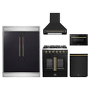Forno 5-Piece Appliance Package - 30-Inch Galiano French Door Gas Range, Wall Mount Range Hood, 60-Inch Refrigerator, Dishwasher, and 24-Inch Microwave Drawer in Black with Antique Brass Handle