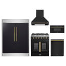 Forno 5-Piece Appliance Package - 30-Inch Galiano French Door Gas Range, Wall Mount Range Hood, 60-Inch Refrigerator, Dishwasher, and 30-Inch Microwave Drawer in Black with Antique Brass Handle