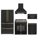 Forno 5-Piece Appliance Package - 30-Inch Galiano French Door Gas Range, Wall Mount Range Hood, 36-Inch Refrigerator, Dishwasher, and 30-Inch Microwave Drawer in Black with Antique Brass Handle