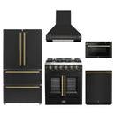 Forno 5-Piece Appliance Package - 30-Inch Galiano French Door Gas Range, Wall Mount Range Hood, 36-Inch Refrigerator, Dishwasher, and 24-Inch Microwave Drawer in Black with Antique Brass Handle