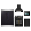 Forno 5-Piece Appliance Package - 30-Inch Galiano French Door Gas Range, Wall Mount Range Hood, 60-Inch Refrigerator, Dishwasher, and 24-Inch Microwave Oven in Black with Antique Brass Handle