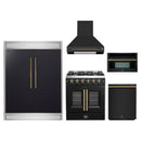 Forno 5-Piece Appliance Package - 30-Inch Galiano French Door Gas Range, Wall Mount Range Hood, 60-Inch Refrigerator, Dishwasher, and 30-Inch Microwave Oven in Black with Antique Brass Handle