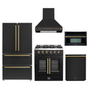 Forno 5-Piece Appliance Package - 30-Inch Galiano French Door Gas Range, Wall Mount Range Hood, 36-Inch Refrigerator, Dishwasher, and 30-Inch Microwave Oven in Black with Antique Brass Handle