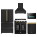 Forno 5-Piece Appliance Package - 30-Inch Galiano French Door Gas Range, Wall Mount Range Hood, 36-Inch Refrigerator, Dishwasher, and 24-Inch Microwave Oven in Black with Antique Brass Handle