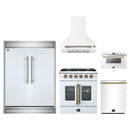 Forno 5-Piece Appliance Package - 30-Inch Galiano French Door Gas Range, Wall Mount Range Hood, 60-Inch Refrigerator, Dishwasher, and 24-Inch Microwave Drawer in White with Antique Brass Handle