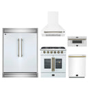 Forno 5-Piece Appliance Package - 30-Inch Galiano French Door Gas Range, Wall Mount Range Hood, 60-Inch Refrigerator, Dishwasher, and 30-Inch Microwave Drawer in White with Antique Brass Handle