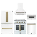 Forno 5-Piece Appliance Package - 30-Inch Galiano French Door Gas Range, Wall Mount Range Hood, 36-Inch Refrigerator, Dishwasher, and 30-Inch Microwave Drawer in White with Antique Brass Handle