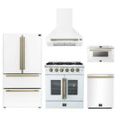 Forno 5-Piece Appliance Package - 30-Inch Galiano French Door Gas Range, Wall Mount Range Hood, 36-Inch Refrigerator, Dishwasher, and 24-Inch Microwave Drawer in White with Antique Brass Handle
