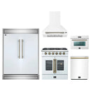 Forno 5-Piece Appliance Package - 30-Inch Galiano French Door Gas Range, Wall Mount Range Hood, 60-Inch Refrigerator, Dishwasher, and 24-Inch Microwave Oven in White with Antique Brass Handle