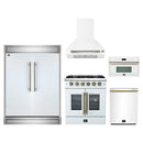 Forno 5-Piece Appliance Package - 30-Inch Galiano French Door Gas Range, Wall Mount Range Hood, 60-Inch Refrigerator, Dishwasher, and 30-Inch Microwave Oven in White with Antique Brass Handle