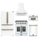 Forno 5-Piece Appliance Package - 30-Inch Galiano French Door Gas Range, Wall Mount Range Hood, 36-Inch Refrigerator, Dishwasher, and 30-Inch Microwave Oven in White with Antique Brass Handle