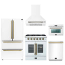 Forno 5-Piece Appliance Package - 30-Inch Galiano French Door Gas Range, Wall Mount Range Hood, 36-Inch Refrigerator, Dishwasher, and 24-Inch Microwave Oven in White with Antique Brass Handle