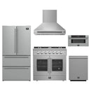 Forno 5-Piece Appliance Package - 36-Inch Galiano French Door Gas Range, Wall Mount Range Hood, 36-Inch Refrigerator, Dishwasher, and 30-Inch Microwave Drawer in Stainless Steel
