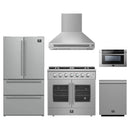Forno 5-Piece Appliance Package - 36-Inch Galiano French Door Gas Range- Wall Mount Range Hood- 36-Inch Refrigerator- Dishwasher- and 24-Inch Microwave Drawer in Stainless Steel