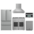 Forno 5-Piece Appliance Package - 36-Inch Galiano French Door Gas Range, Wall Mount Range Hood, 36-Inch Refrigerator, Dishwasher, and 30-Inch Microwave Oven in Stainless Steel