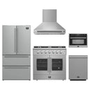 Forno 5-Piece Appliance Package - 36-Inch Galiano French Door Gas Range, Wall Mount Range Hood, 36-Inch Refrigerator, Dishwasher, and 24-Inch Microwave Oven in Stainless Steel
