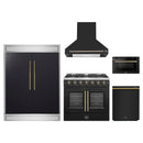 Forno 5-Piece Appliance Package - 36-Inch Galiano French Door Gas Range, Wall Mount Range Hood, 60-Inch Refrigerator, Dishwasher, and 24-Inch Microwave Drawer in Black with Antique Brass Handle