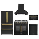 Forno 5-Piece Appliance Package - 36-Inch Galiano French Door Gas Range, Wall Mount Range Hood, 36-Inch Refrigerator, Dishwasher, and 30-Inch Microwave Drawer in Black with Antique Brass Handle