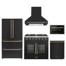 Forno 5-Piece Appliance Package - 36-Inch Galiano French Door Gas Range, Wall Mount Range Hood, 36-Inch Refrigerator, Dishwasher, and 24-Inch Microwave Drawer in Black with Antique Brass Handle