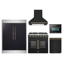 Forno 5-Piece Appliance Package - 36-Inch Galiano French Door Gas Range, Wall Mount Range Hood, 60-Inch Refrigerator, Dishwasher, and 24-Inch Microwave Oven in Black with Antique Brass Handle