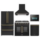 Forno 5-Piece Appliance Package - 36-Inch Galiano French Door Gas Range, Wall Mount Range Hood, 36-Inch Refrigerator, Dishwasher, and 24-Inch Microwave Oven in Black with Antique Brass Handle