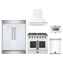Forno 5-Piece Appliance Package - 36-Inch Galiano French Door Gas Range, Wall Mount Range Hood, 60-Inch Refrigerator, Dishwasher, and 24-Inch Microwave Drawer in White with Antique Brass Handle