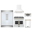Forno 5-Piece Appliance Package - 36-Inch Galiano French Door Gas Range, Wall Mount Range Hood, 60-Inch Refrigerator, Dishwasher, and 30-Inch Microwave Drawer in White with Antique Brass Handle