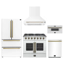 Forno 5-Piece Appliance Package - 36-Inch Galiano French Door Gas Range, Wall Mount Range Hood, 36-Inch Refrigerator, Dishwasher, and 30-Inch Microwave Drawer in White with Antique Brass Handle