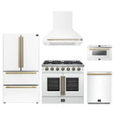 Forno 5-Piece Appliance Package - 36-Inch Galiano French Door Gas Range, Wall Mount Range Hood, 36-Inch Refrigerator, Dishwasher, and 24-Inch Microwave Drawer in White with Antique Brass Handle