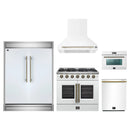 Forno 5-Piece Appliance Package - 36-Inch Galiano French Door Gas Range, Wall Mount Range Hood, 60-Inch Refrigerator, Dishwasher, and 24-Inch Microwave Oven in White with Antique Brass Handle