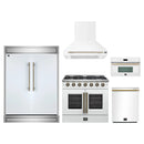 Forno 5-Piece Appliance Package - 36-Inch Galiano French Door Gas Range, Wall Mount Range Hood, 60-Inch Refrigerator, Dishwasher, and 30-Inch Microwave Oven in White with Antique Brass Handle