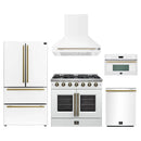 Forno 5-Piece Appliance Package - 36-Inch Galiano French Door Gas Range, Wall Mount Range Hood, 36-Inch Refrigerator, Dishwasher, and 30-Inch Microwave Oven in White with Antique Brass Handle