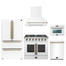 Forno 5-Piece Appliance Package - 36-Inch Galiano French Door Gas Range, Wall Mount Range Hood, 36-Inch Refrigerator, Dishwasher, and 24-Inch Microwave Oven in White with Antique Brass Handle