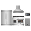 Forno 5-Piece Appliance Package - 48-Inch Galiano French Door Gas Range, Wall Mount Range Hood, 60-Inch Refrigerator, Dishwasher, and 24-Inch Microwave Drawer in Stainless Steel