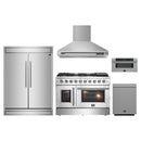 Forno 5-Piece Appliance Package - 48-Inch Galiano French Door Gas Range, Wall Mount Range Hood, 60-Inch Refrigerator, Dishwasher, and 30-Inch Microwave Drawer in Stainless Steel