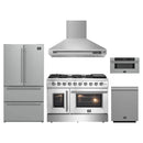 Forno 5-Piece Appliance Package - 48-Inch Galiano French Door Gas Range, Wall Mount Range Hood, 36-Inch Refrigerator, Dishwasher, and 30-Inch Microwave Drawer in Stainless Steel