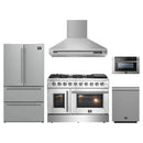 Forno 5-Piece Appliance Package - 48-Inch Galiano French Door Gas Range, Wall Mount Range Hood, 36-Inch Refrigerator, Dishwasher, and 24-Inch Microwave Drawer in Stainless Steel