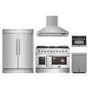 Forno 5-Piece Appliance Package - 48-Inch Galiano French Door Gas Range, Wall Mount Range Hood, 60-Inch Refrigerator, Dishwasher, and 24-Inch Microwave Oven in Stainless Steel