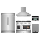 Forno 5-Piece Appliance Package - 48-Inch Galiano French Door Gas Range, Wall Mount Range Hood, 60-Inch Refrigerator, Dishwasher, and 30-Inch Microwave Oven in Stainless Steel
