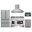 Forno 5-Piece Appliance Package - 48-Inch Galiano French Door Gas Range, Wall Mount Range Hood, 36-Inch Refrigerator, Dishwasher, and 30-Inch Microwave Oven in Stainless Steel