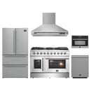 Forno 5-Piece Appliance Package - 48-Inch Galiano French Door Gas Range, Wall Mount Range Hood, 36-Inch Refrigerator, Dishwasher, and 24-Inch Microwave Oven in Stainless Steel
