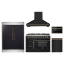 Forno 5-Piece Appliance Package - 48-Inch Galiano French Door Gas Range, Wall Mount Range Hood, 60-Inch Refrigerator, Dishwasher, and 24-Inch Microwave Drawer in Black with Antique Brass Handle