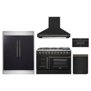 Forno 5-Piece Appliance Package - 48-Inch Galiano French Door Gas Range, Wall Mount Range Hood, 60-Inch Refrigerator, Dishwasher, and 30-Inch Microwave Drawer in Black with Antique Brass Handle