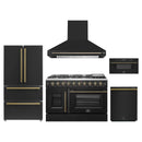 Forno 5-Piece Appliance Package - 48-Inch Galiano French Door Gas Range, Wall Mount Range Hood, 36-Inch Refrigerator, Dishwasher, and 30-Inch Microwave Drawer in Black with Antique Brass Handle