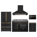 Forno 5-Piece Appliance Package - 48-Inch Galiano French Door Gas Range, Wall Mount Range Hood, 36-Inch Refrigerator, Dishwasher, and 24-Inch Microwave Drawer in Black with Antique Brass Handle