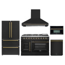 Forno 5-Piece Appliance Package - 48-Inch Galiano French Door Gas Range, Wall Mount Range Hood, 36-Inch Refrigerator, Dishwasher, and 30-Inch Microwave Oven in Black with Antique Brass Handle